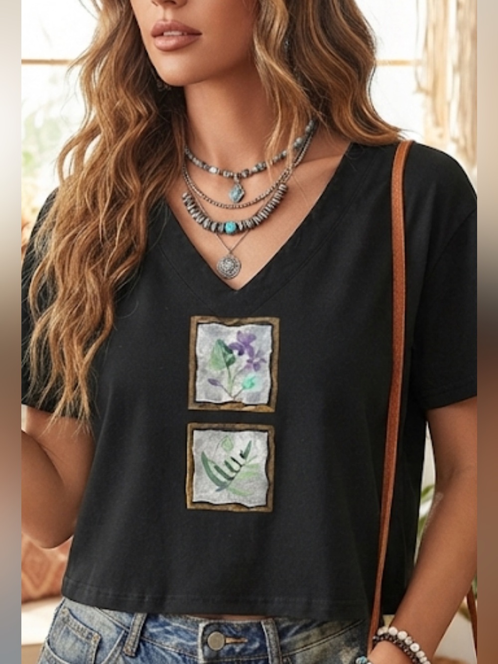 Pacific Cotton Vintage Botanical Graphic V-Neck T-Shirt Black Medium